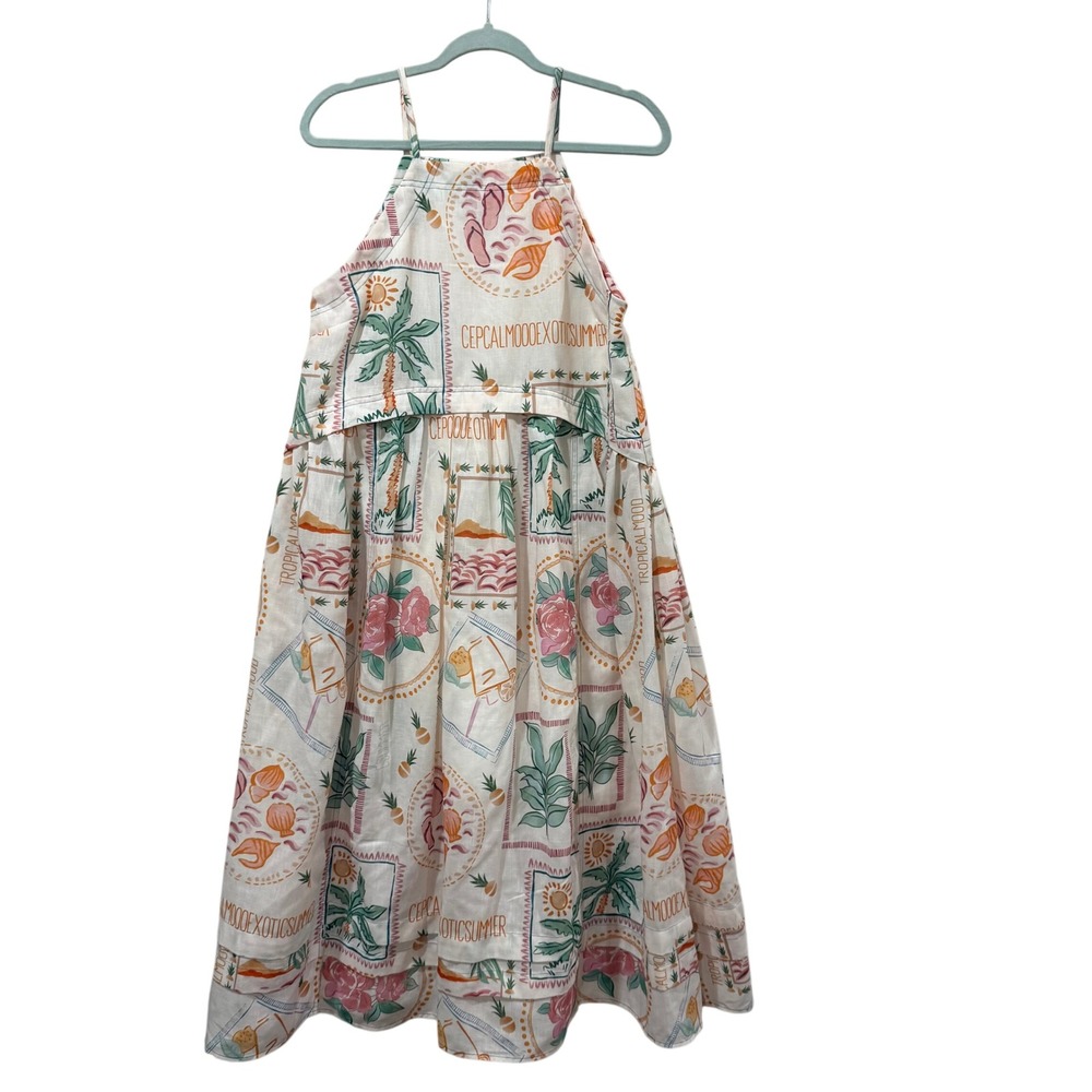 Doe and Rae Tropical Postcard Print Halter Midi Dress Cream Multi Small 28318D